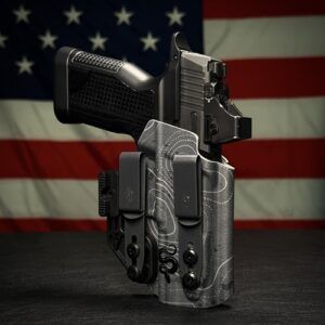 Semi-automatic pistol in a black holster on a table with an American flag in the background.